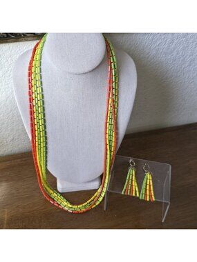 Vintage Sarah Coventry Plastic Bead Orange Yellow Green Necklace Clipon Earrings